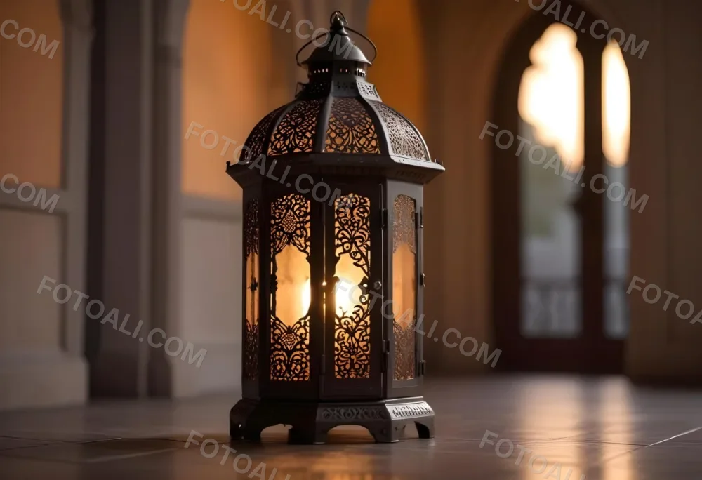 An Ornate Metal Lantern With Intricate Cutouts Casting A Warm Glow Placed On A Metal Surface With A Blurred Background Featuring An Arched Doorway 7 5e56