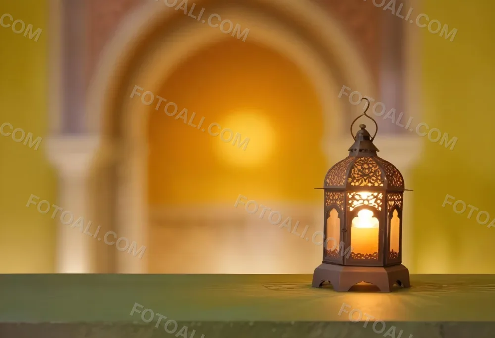 An Ornate Metal Lantern With Intricate Cutouts Casting A Warm Glow Placed On A Metal Surface With A Blurred Background Featuring An Arched Doorway 8 F64f