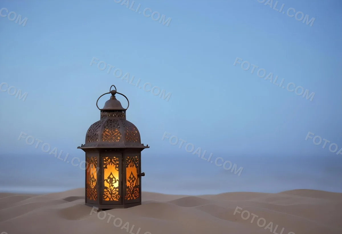 An Ornate Metal Lantern With Intricate Floral Cutouts Casting A Warm Glow On A Sandy Surface Against A Soft Gradient Blue Background 12 A885