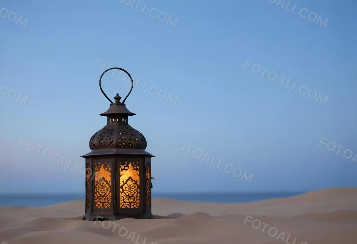 An Ornate Metal Lantern With Intricate Floral Cutouts Casting A Warm Glow On A Sandy Surface Against A Soft Gradient Blue Background 28 0c73