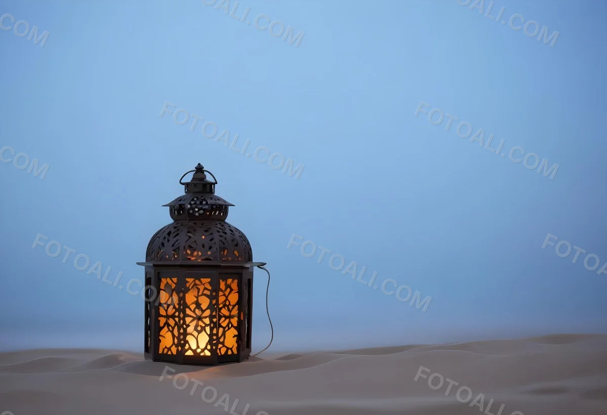 An Ornate Metal Lantern With Intricate Floral Cutouts Casting A Warm Glow On A Sandy Surface Against A Soft Gradient Blue Background 29 2d81