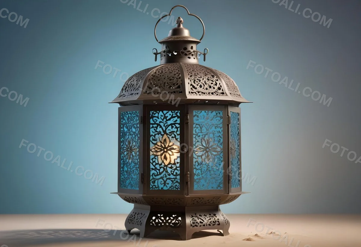 An Ornate Metal Lantern With Intricate Floral Cutouts Casting A Warm Glow On A Sandy Surface Against A Soft Gradient Blue Background 35 D899