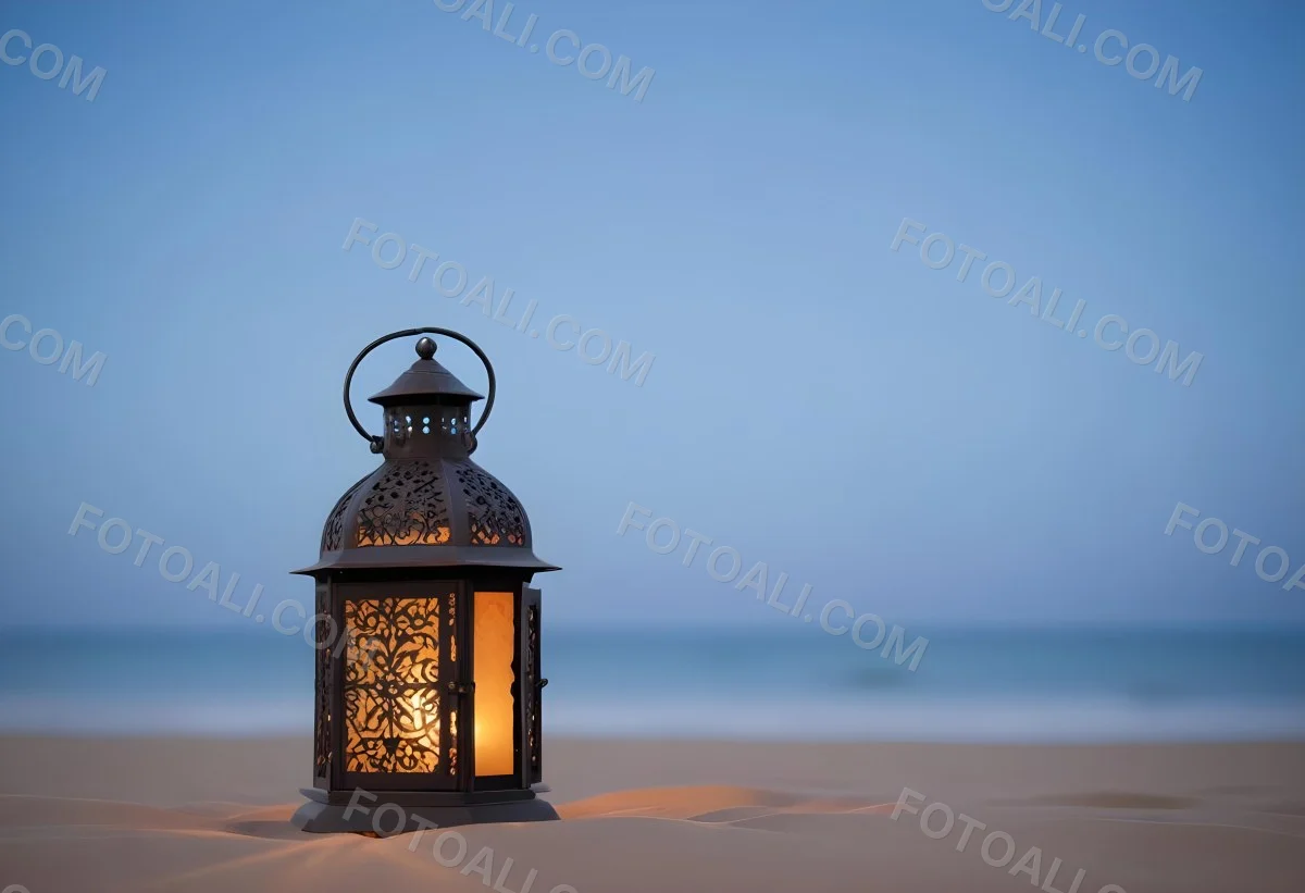 An Ornate Metal Lantern With Intricate Floral Cutouts Casting A Warm Glow On A Sandy Surface Against A Soft Gradient Blue Background 5 Dfa4
