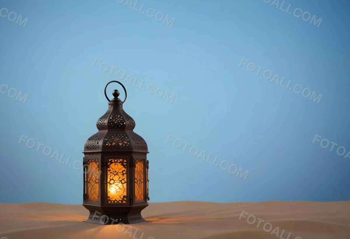 An Ornate Metal Lantern With Intricate Floral Cutouts Casting A Warm Glow On A Sandy Surface Against A Soft Gradient Blue Background 6 3b6c