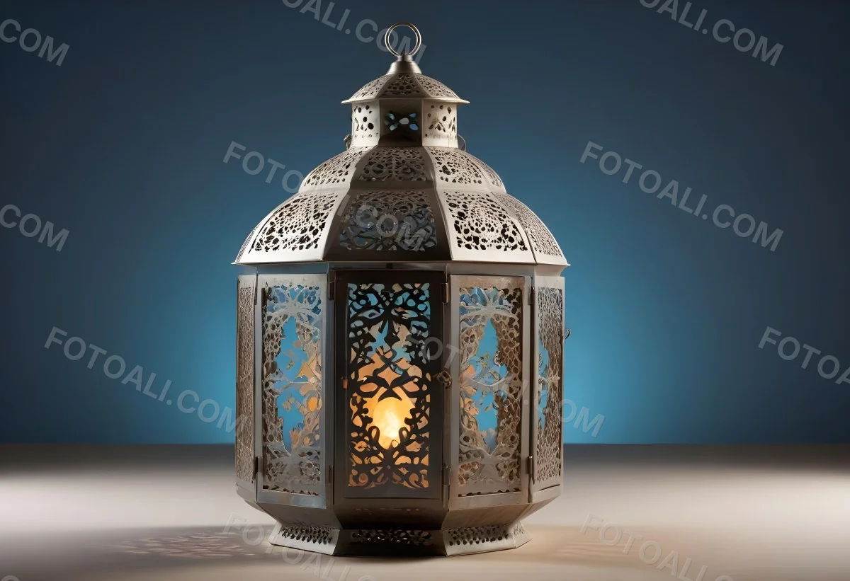 An Ornate Metal Lantern With Intricate Floral Cutouts Casting A Warm Glow On A Sandy Surface Against A Soft Gradient Blue Background 8 5a7b