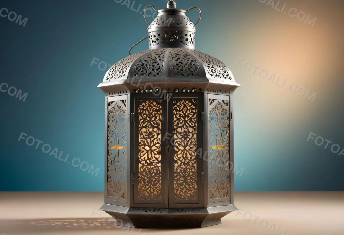 An Ornate Metal Lantern With Intricate Floral Cutouts Casting A Warm Glow On A Sandy Surface Against A Soft Gradient Blue Background 9 236c