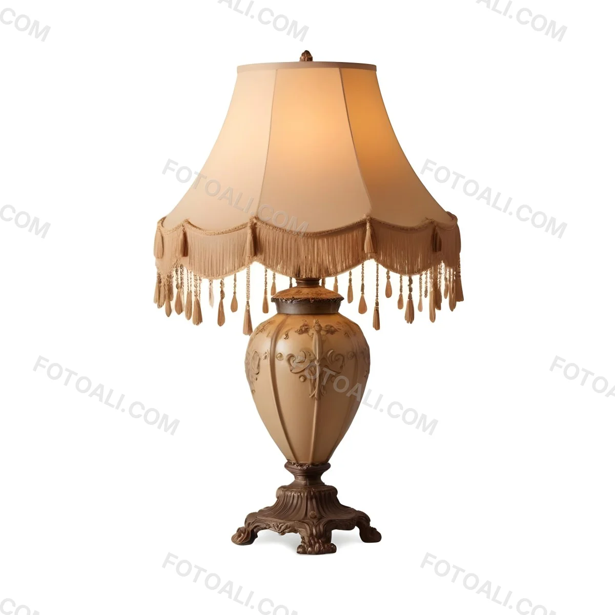 An Ornate Vintage Table Lamp With A Brown Base And A Beige Lampshade With Tassels 1 8c4e