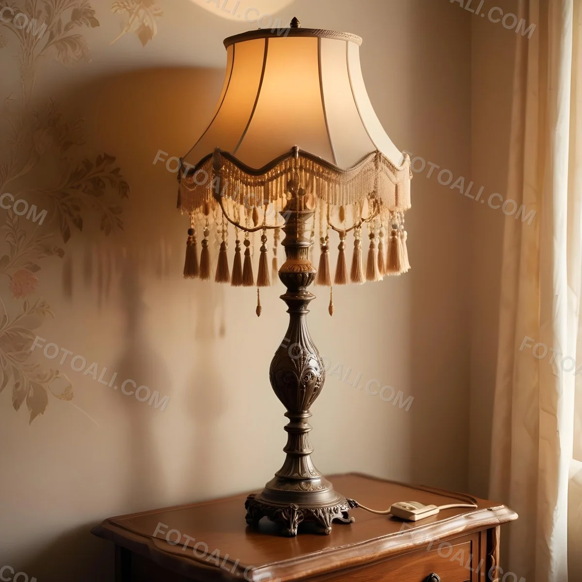 An Ornate Vintage Table Lamp With A Brown Base And A Beige Lampshade With Tassels 12 1204