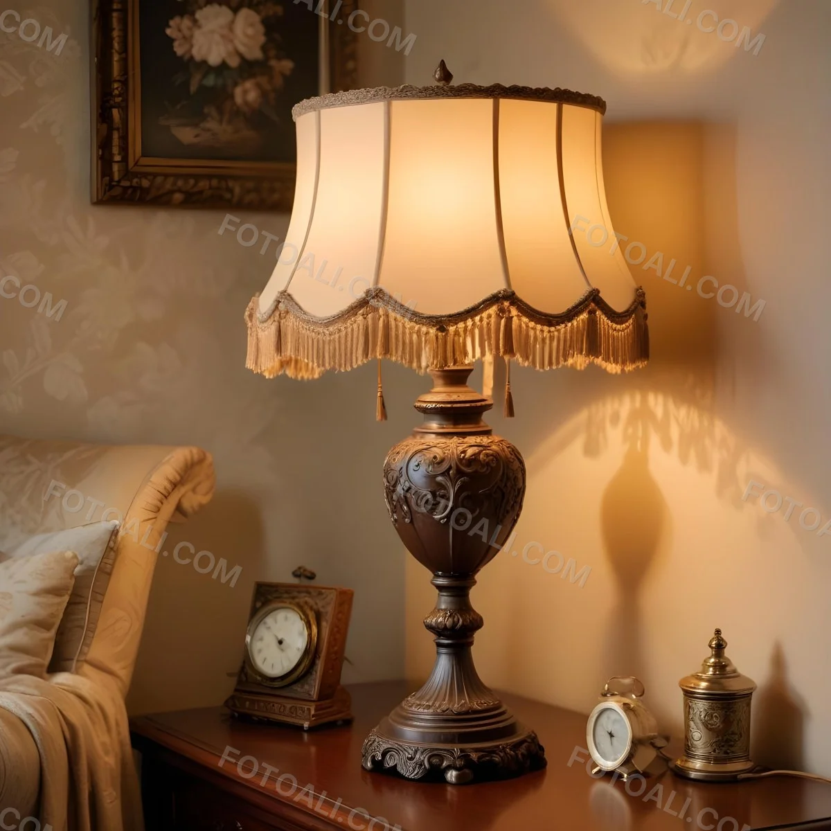 An Ornate Vintage Table Lamp With A Brown Base And A Beige Lampshade With Tassels 14 Fd87