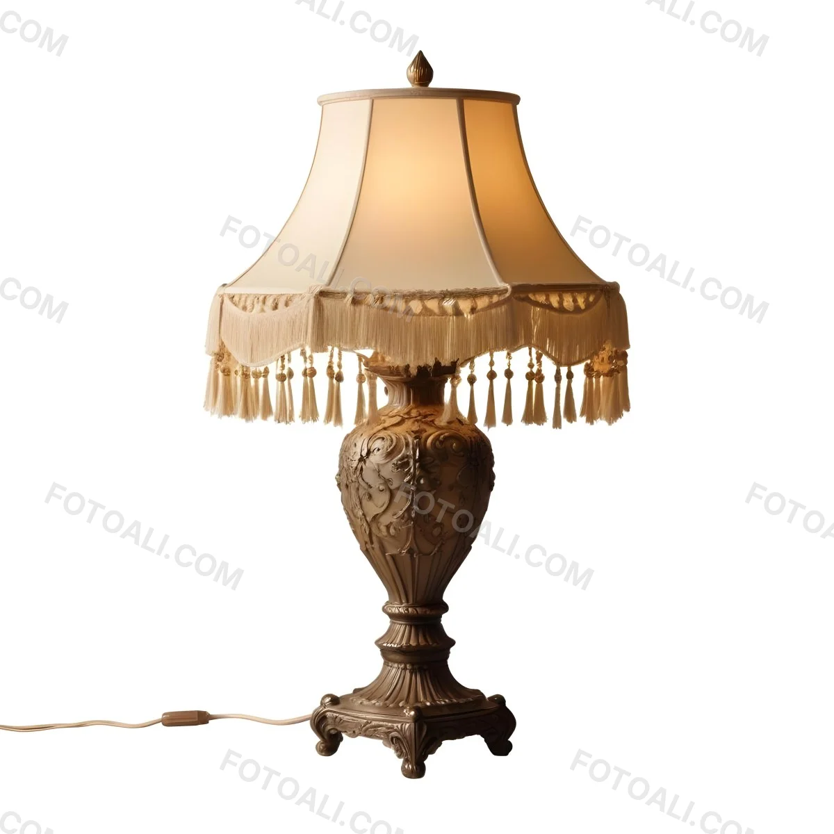 An Ornate Vintage Table Lamp With A Brown Base And A Beige Lampshade With Tassels 16 D8be