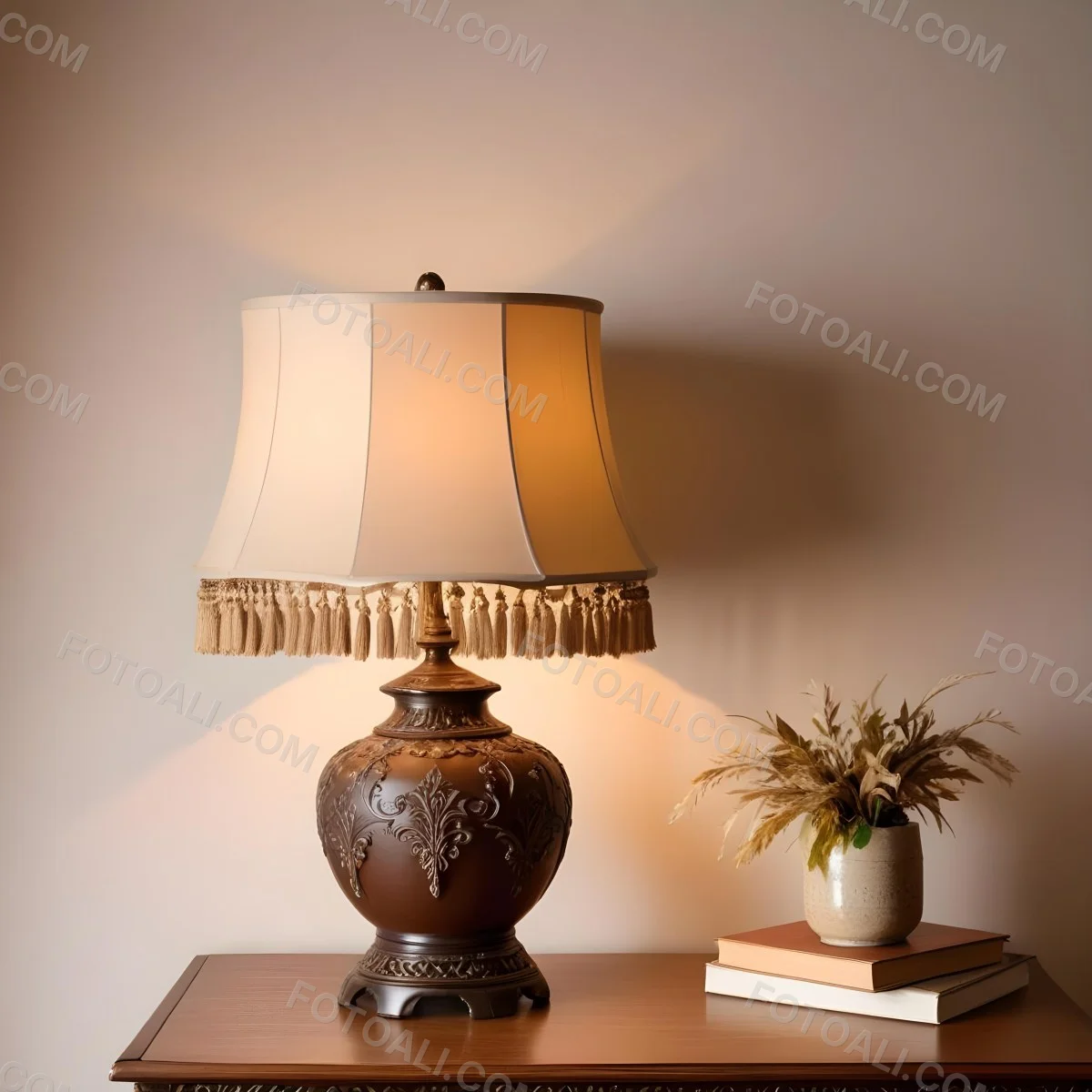 An Ornate Vintage Table Lamp With A Brown Base And A Beige Lampshade With Tassels 2 4d5d