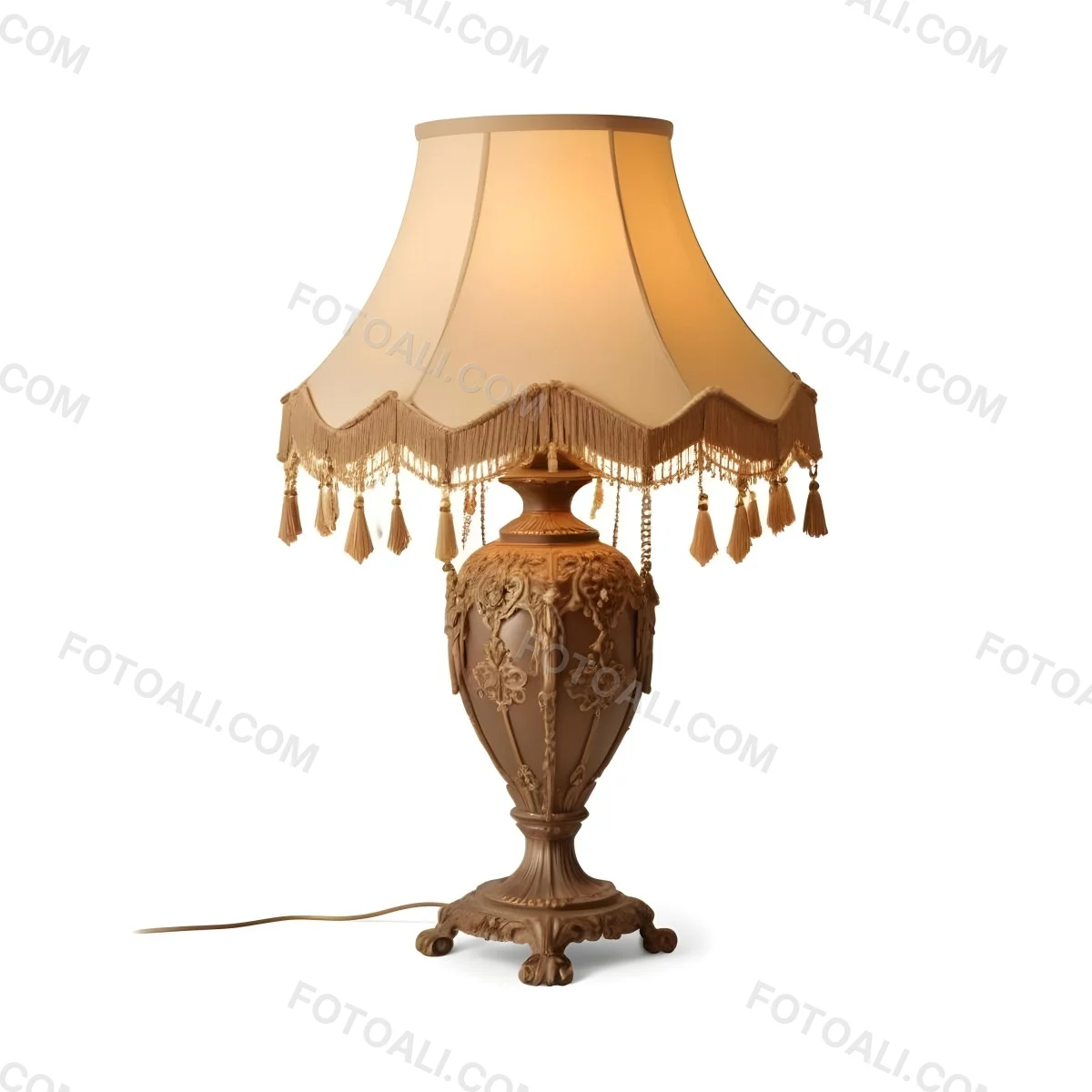 An Ornate Vintage Table Lamp With A Brown Base And A Beige Lampshade With Tassels 4 259d