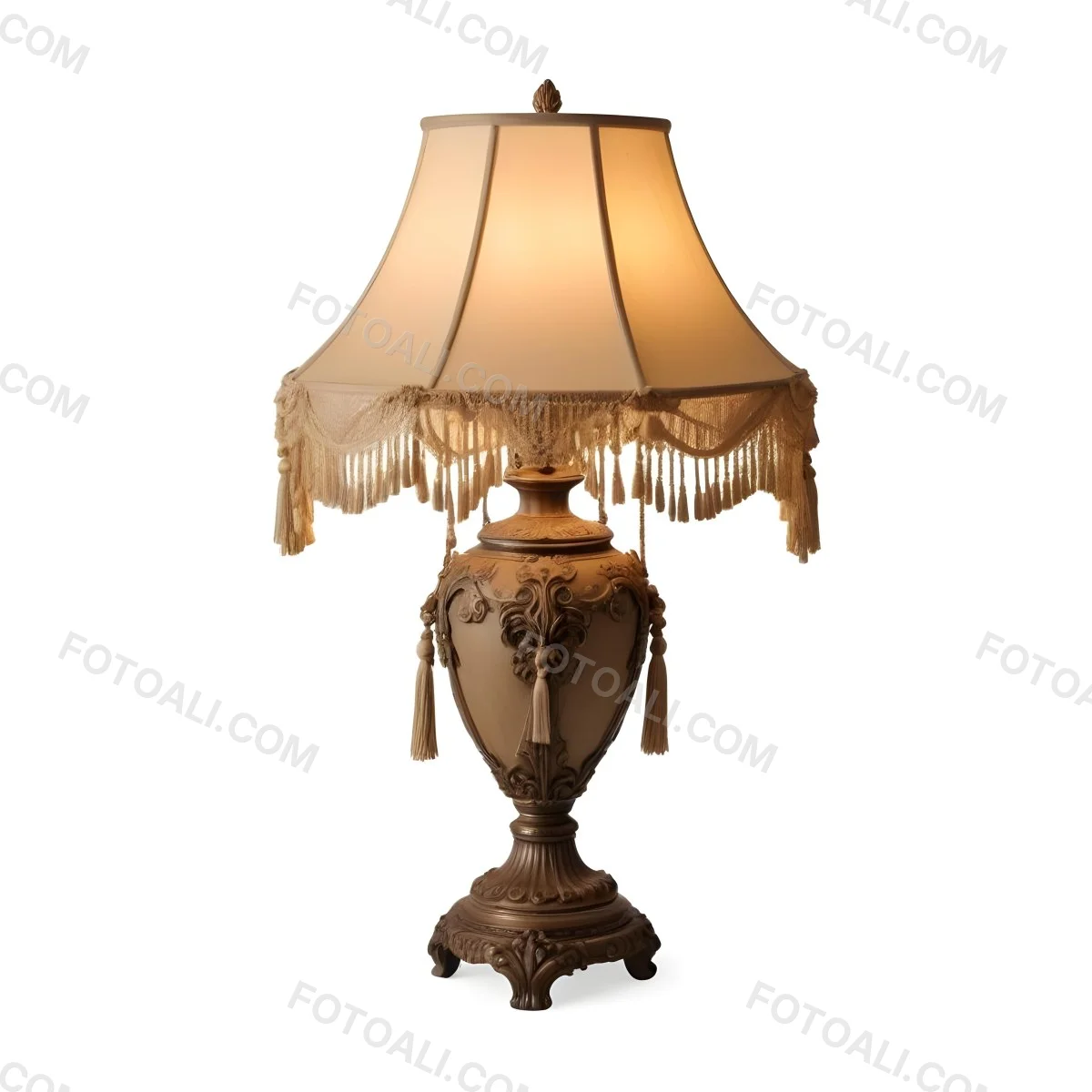 An Ornate Vintage Table Lamp With A Brown Base And A Beige Lampshade With Tassels 6 2864