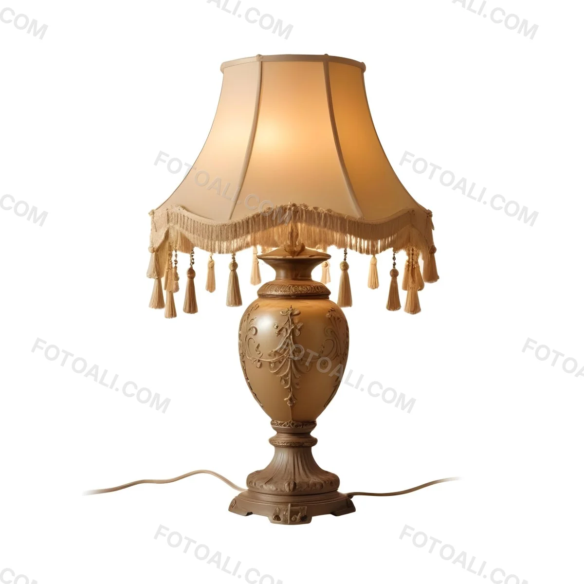 An Ornate Vintage Table Lamp With A Brown Base And A Beige Lampshade With Tassels 9 2c2b