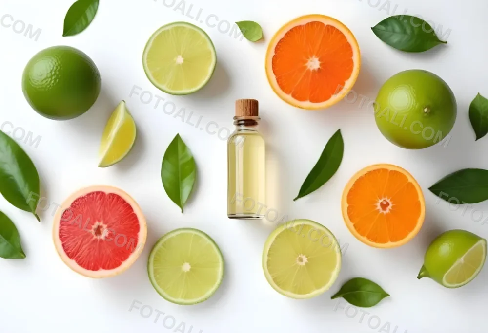 Assorted Citrus Fruits Including Limes Lemons Oranges And Grapefruits Along With A Bottle Of Essential Oil Arranged On A White Background 1 569d