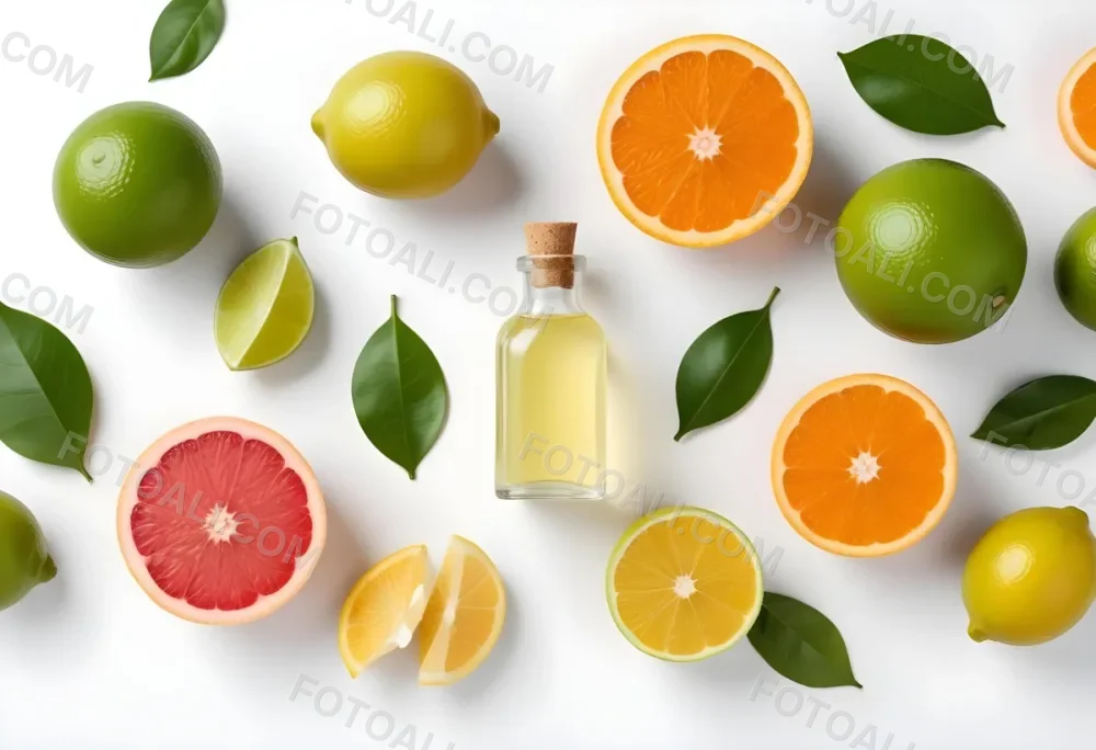 Assorted Citrus Fruits Including Limes Lemons Oranges And Grapefruits Along With A Bottle Of Essential Oil Arranged On A White Background 11 73bd