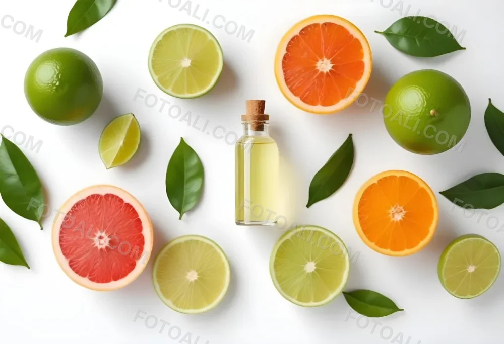 Assorted Citrus Fruits Including Limes Lemons Oranges And Grapefruits Along With A Bottle Of Essential Oil Arranged On A White Background 12 7ec3