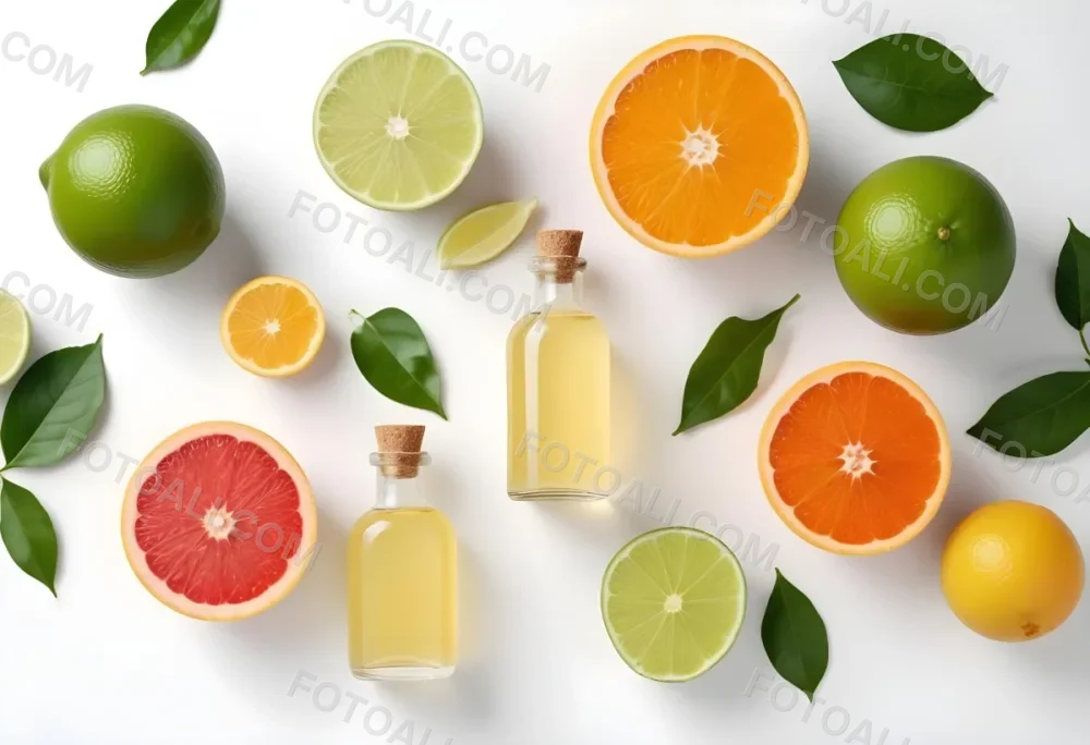 Assorted Citrus Fruits Including Limes Lemons Oranges And Grapefruits Along With A Bottle Of Essential Oil Arranged On A White Background 13 9268