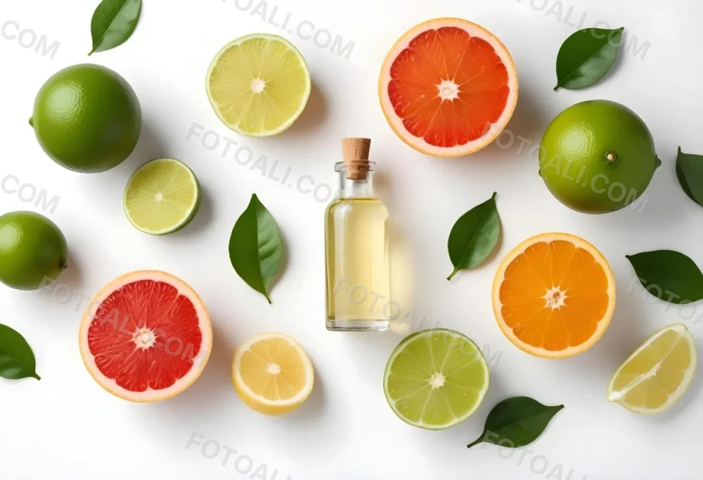 Assorted Citrus Fruits Including Limes Lemons Oranges And Grapefruits Along With A Bottle Of Essential Oil Arranged On A White Background 16 03e1