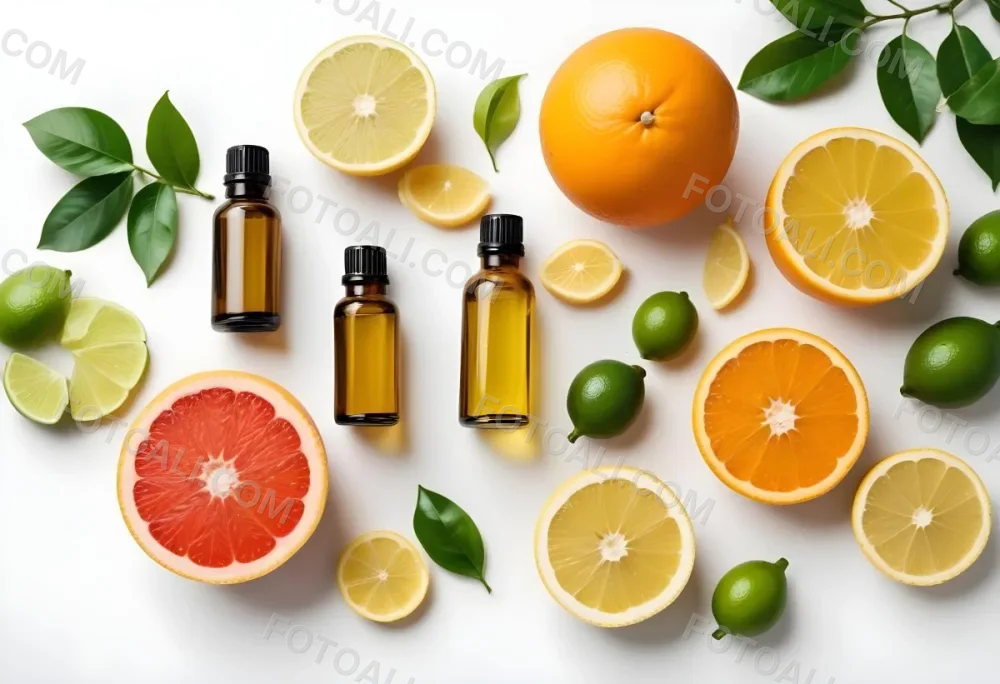 Assorted Citrus Fruits Including Limes Lemons Oranges And Grapefruits Along With A Bottle Of Essential Oil Arranged On A White Background 17 9ab5