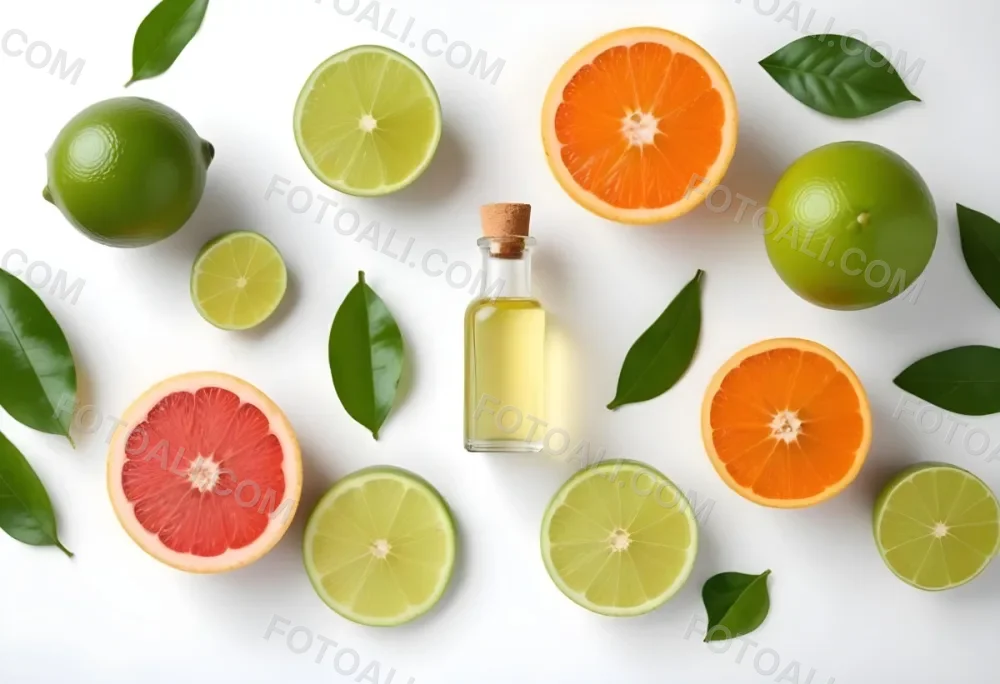 Assorted Citrus Fruits Including Limes Lemons Oranges And Grapefruits Along With A Bottle Of Essential Oil Arranged On A White Background 18 32a8