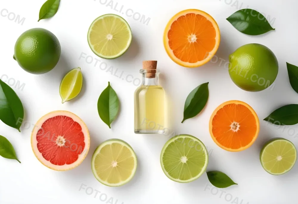 Assorted Citrus Fruits Including Limes Lemons Oranges And Grapefruits Along With A Bottle Of Essential Oil Arranged On A White Background 19 1598