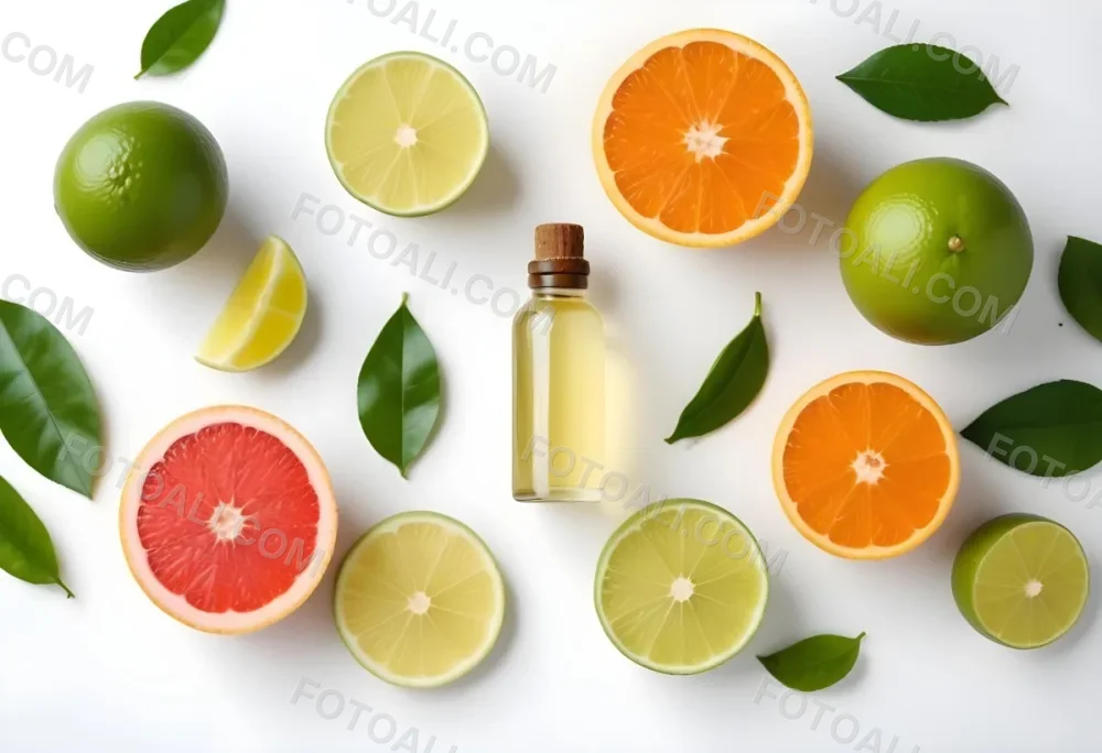 Assorted Citrus Fruits Including Limes Lemons Oranges And Grapefruits Along With A Bottle Of Essential Oil Arranged On A White Background 22 D139