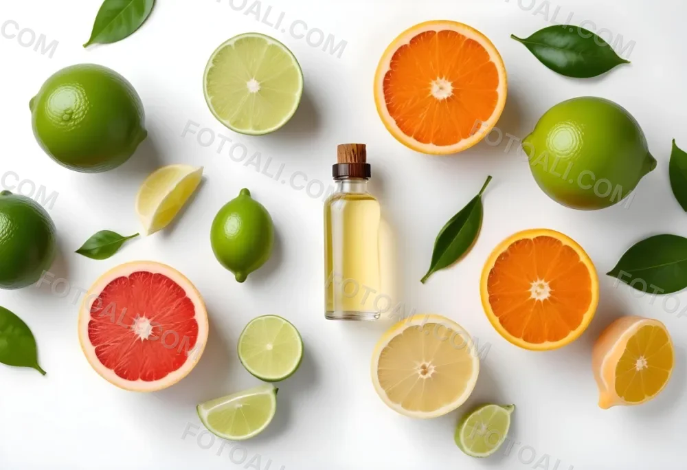 Assorted Citrus Fruits Including Limes Lemons Oranges And Grapefruits Along With A Bottle Of Essential Oil Arranged On A White Background 23 0200