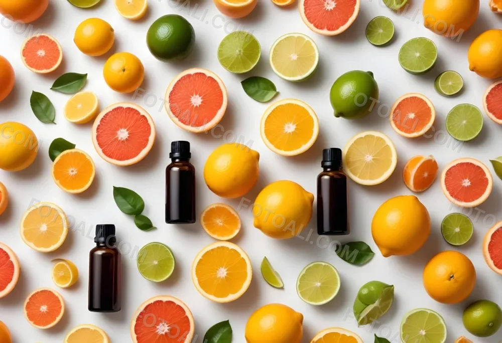 Assorted Citrus Fruits Including Limes Lemons Oranges And Grapefruits Along With A Bottle Of Essential Oil Arranged On A White Background 3 94b4