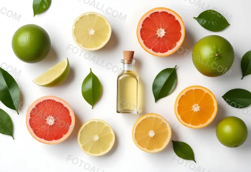 Assorted Citrus Fruits Including Limes Lemons Oranges And Grapefruits Along With A Bottle Of Essential Oil Arranged On A White Background 5 Fe63