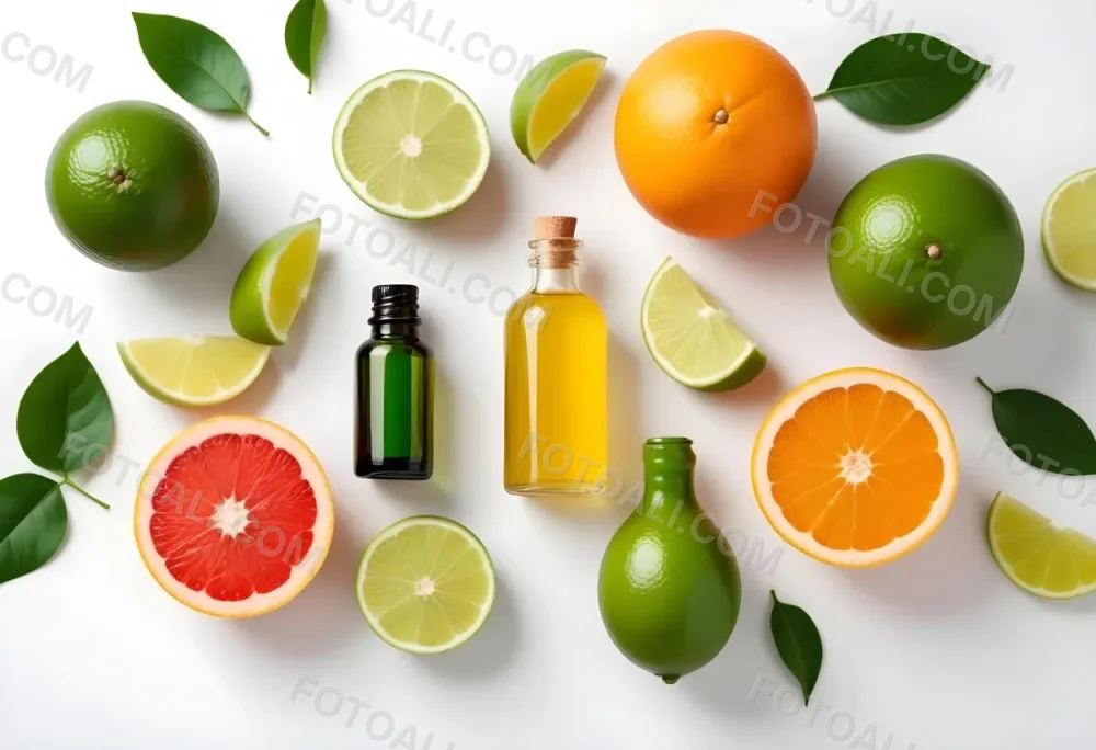 Assorted Citrus Fruits Including Limes Lemons Oranges And Grapefruits Along With A Bottle Of Essential Oil Arranged On A White Background 6 3d53