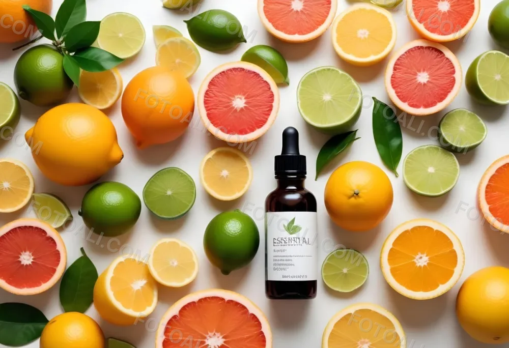 Assorted Citrus Fruits Including Limes Lemons Oranges And Grapefruits Along With A Bottle Of Essential Oil Arranged On A White Background 7 Fb98