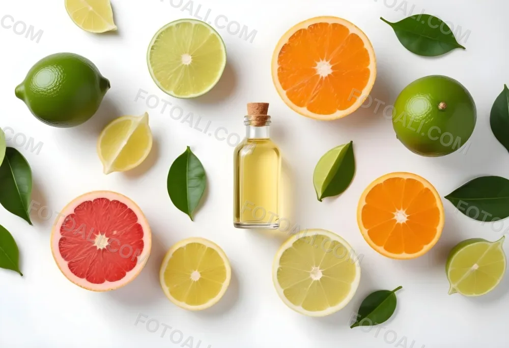 Assorted Citrus Fruits Including Limes Lemons Oranges And Grapefruits Along With A Bottle Of Essential Oil Arranged On A White Background 9 A189