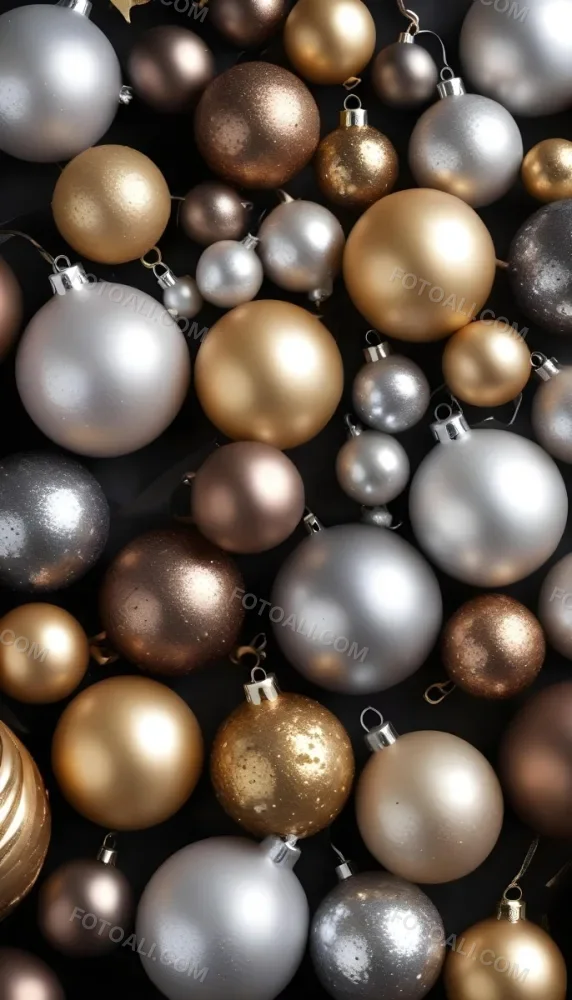 Assorted Metallic And Glittery Christmas Ornaments Or Baubles In Shades Of Gold Silver And Bronze Against A Dark Background 10 5ea3