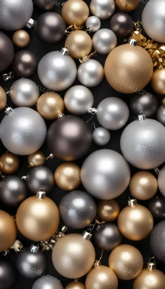 Assorted Metallic And Glittery Christmas Ornaments Or Baubles In Shades Of Gold Silver And Bronze Against A Dark Background 19 8628