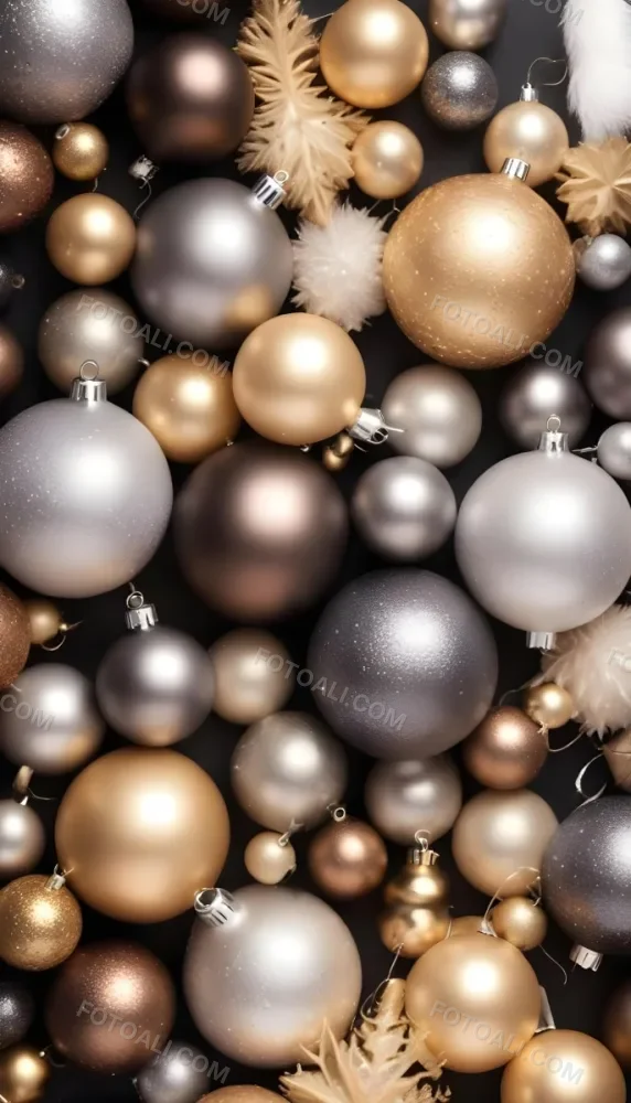 Assorted Metallic And Glittery Christmas Ornaments Or Baubles In Shades Of Gold Silver And Bronze Against A Dark Background 21 Fd5c