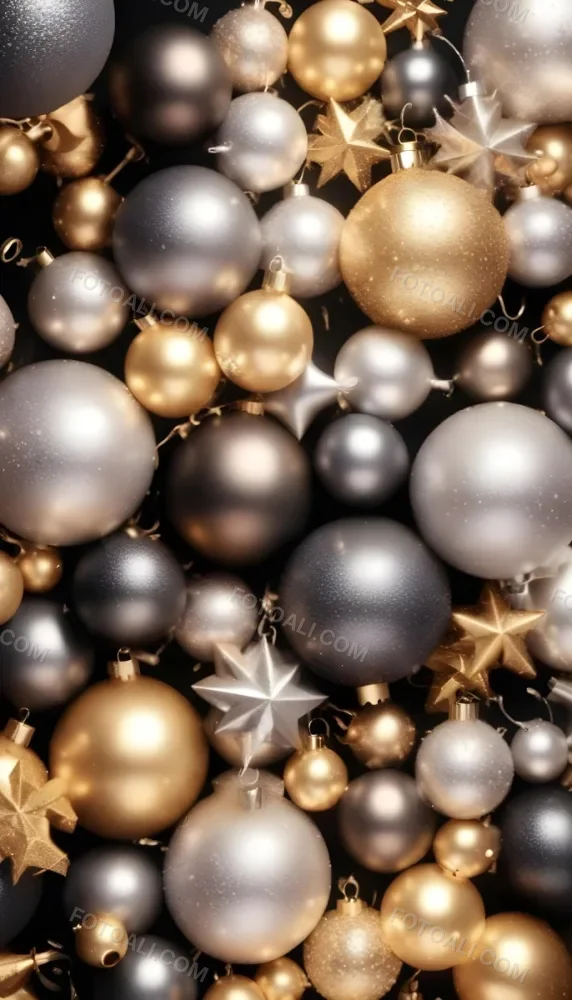 Assorted Metallic And Glittery Christmas Ornaments Or Baubles In Shades Of Gold Silver And Bronze Against A Dark Background 22 2c19