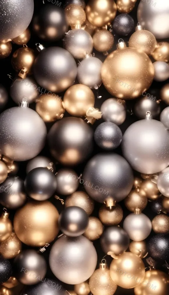 Assorted Metallic And Glittery Christmas Ornaments Or Baubles In Shades Of Gold Silver And Bronze Against A Dark Background 5 1a47