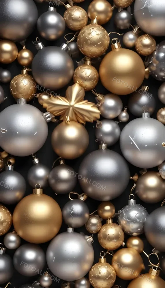 Assorted Metallic And Glittery Christmas Ornaments Or Baubles In Shades Of Gold Silver And Bronze Against A Dark Background 6 E81d