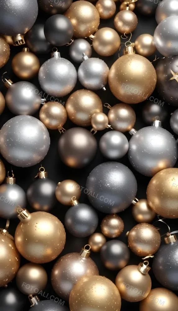 Assorted Metallic And Glittery Christmas Ornaments Or Baubles In Shades Of Gold Silver And Bronze Against A Dark Background 7 Ab51