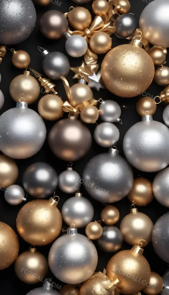 Assorted Metallic And Glittery Christmas Ornaments Or Baubles In Shades Of Gold Silver And Bronze Against A Dark Background 8 Cc37