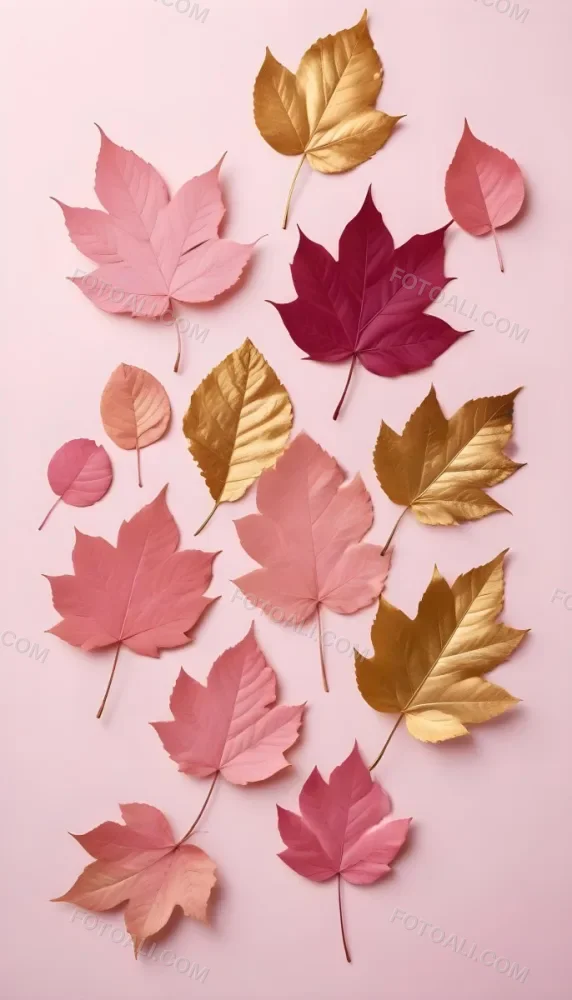 Assorted Pink And Gold Autumn Leaves On A Pink Background 1 26e9