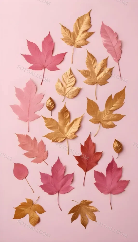 Assorted Pink And Gold Autumn Leaves On A Pink Background 10 44a2