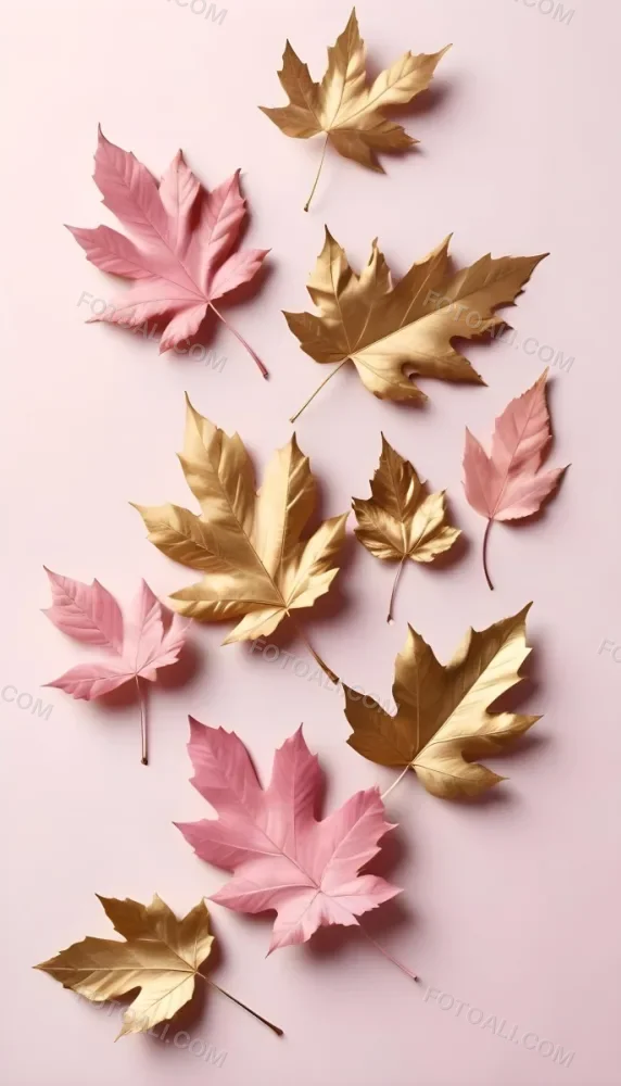 Assorted Pink And Gold Autumn Leaves On A Pink Background 12 7b3c