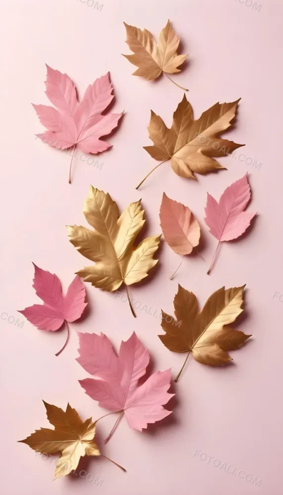 Assorted Pink And Gold Autumn Leaves On A Pink Background 15 9631
