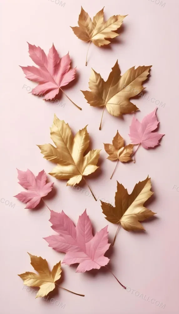 Assorted Pink And Gold Autumn Leaves On A Pink Background 16 0019