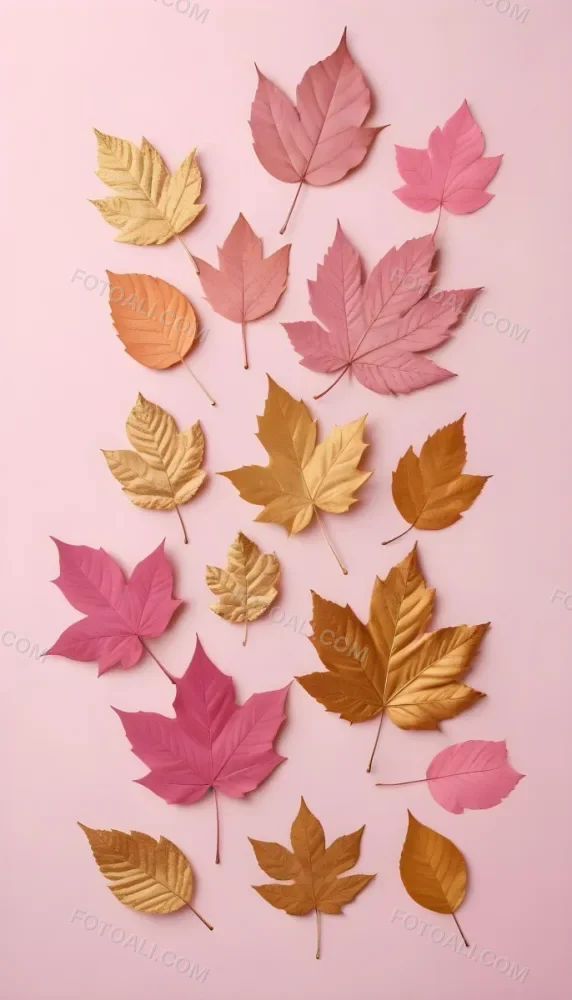 Assorted Pink And Gold Autumn Leaves On A Pink Background 18 7df6