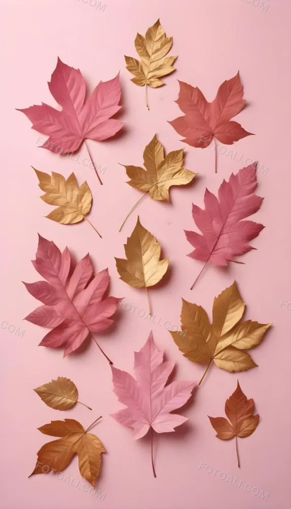 Assorted Pink And Gold Autumn Leaves On A Pink Background 20 04fa