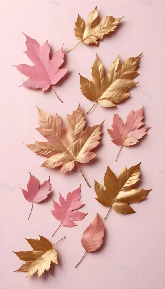 Assorted Pink And Gold Autumn Leaves On A Pink Background 22 23cf