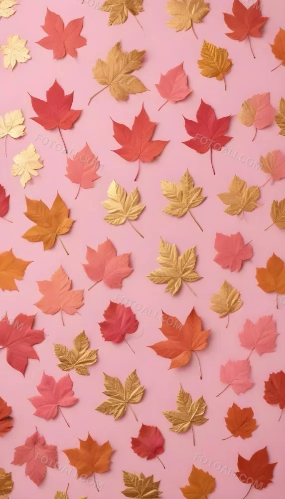 Assorted Pink And Gold Autumn Leaves On A Pink Background 24 F5a4